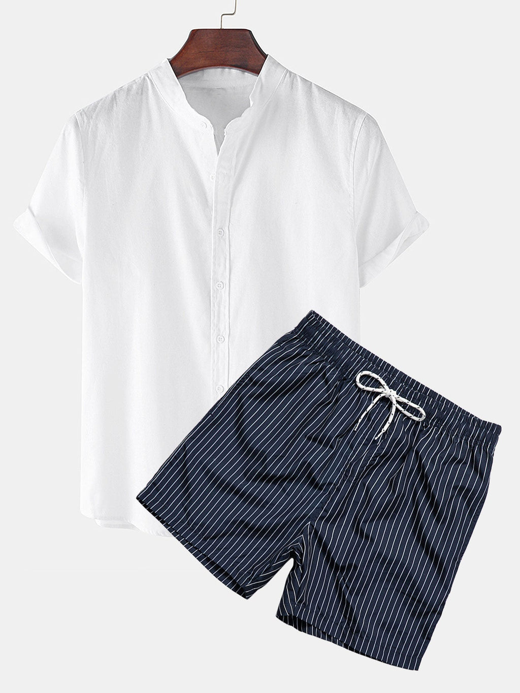 Conjunto de camisa de manga corta con textura de lino y pantalón corto de baño con elegante estampado de rayas