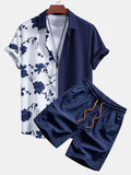 Conjunto elegante de camisa abotonada con estampado floral de patchwork y pantalones cortos de baño