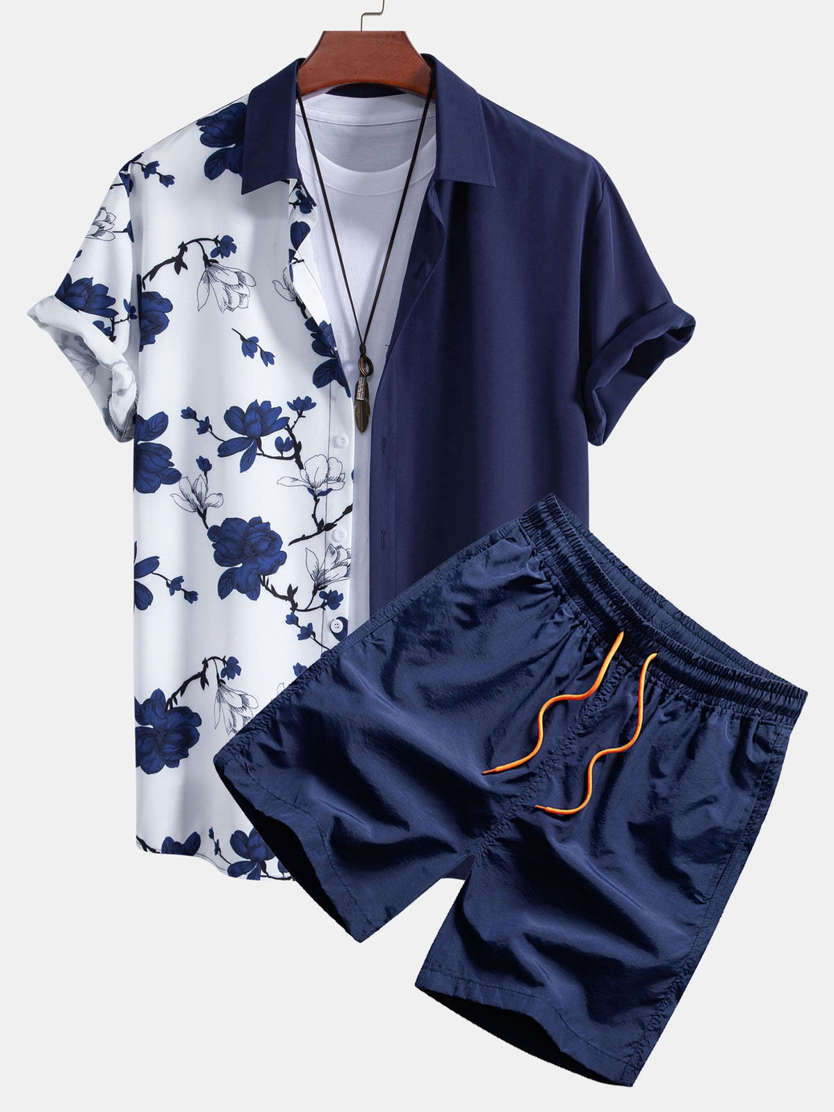 Conjunto elegante de camisa abotonada con estampado floral de patchwork y pantalones cortos de baño