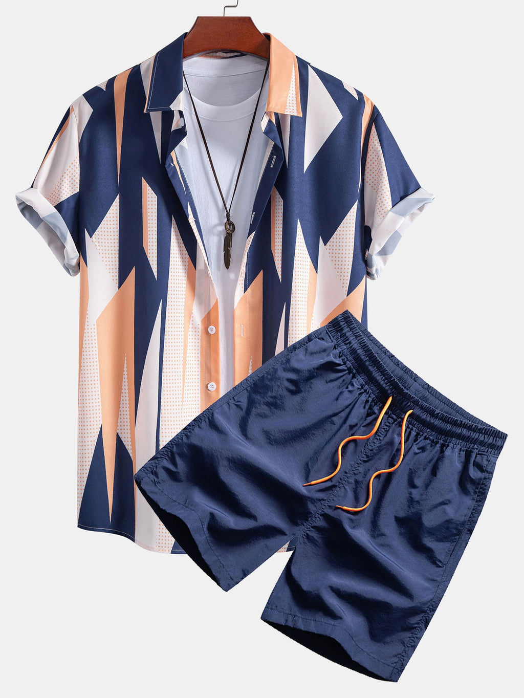 Conjunto de camisa abotonada con estampado geométrico y pantalones cortos de baño