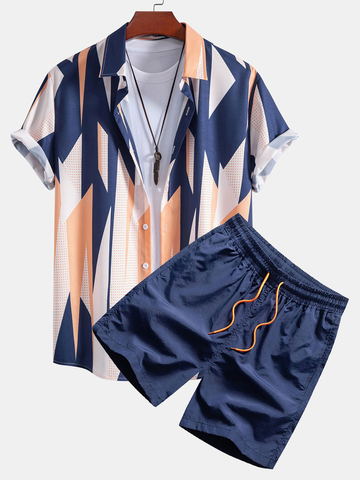 Conjunto de camisa abotonada con estampado geométrico y pantalones cortos de baño