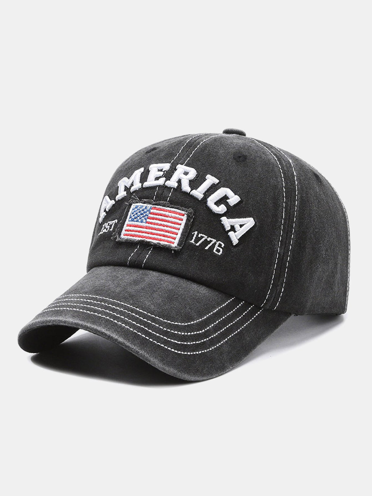 Gorra de béisbol vintage 1776 con efecto desgastado, acabado lavado y bordado de la bandera estadounidense