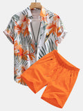 Conjunto de Camisa Abotonada con Estampado Floral Botánico y Pantalones Cortos de Baño