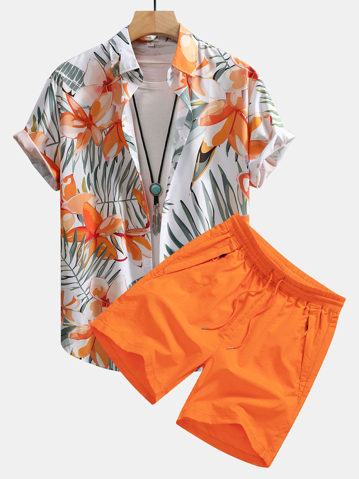 Conjunto de Camisa Abotonada con Estampado Floral Botánico y Pantalones Cortos de Baño