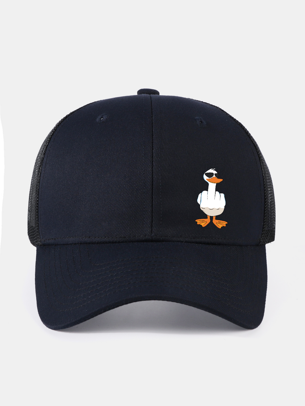Gorra de béisbol de malla con divertido estampado de pato haciendo la peineta
