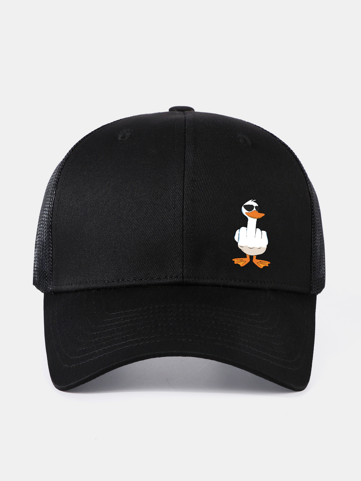 Gorra de béisbol de malla con divertido estampado de pato haciendo la peineta