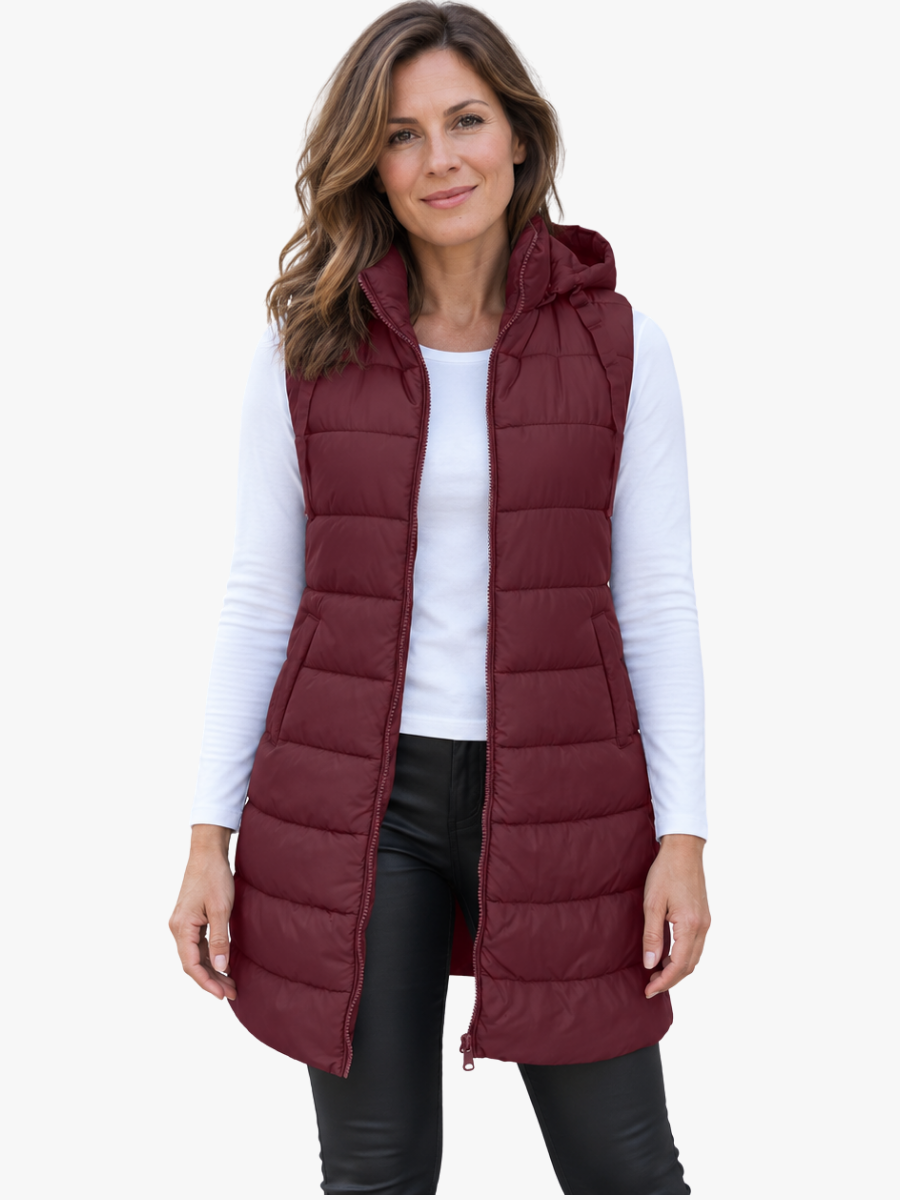 Chaleco largo acolchado para mujer con capucha, elegante y versátil para el frío