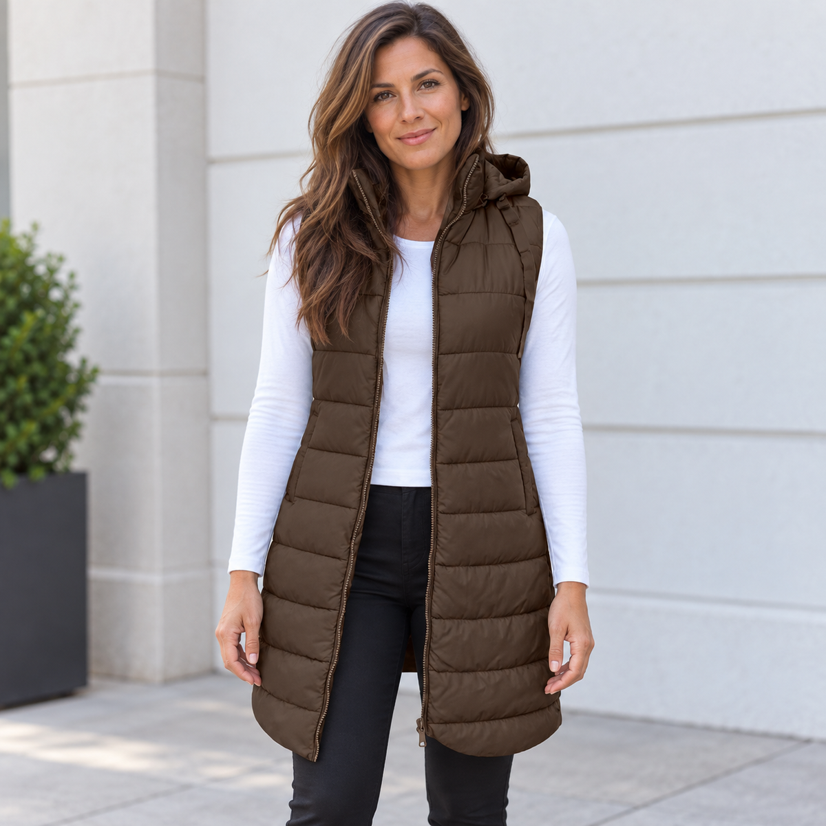 Chaleco largo acolchado para mujer con capucha, elegante y versátil para el frío