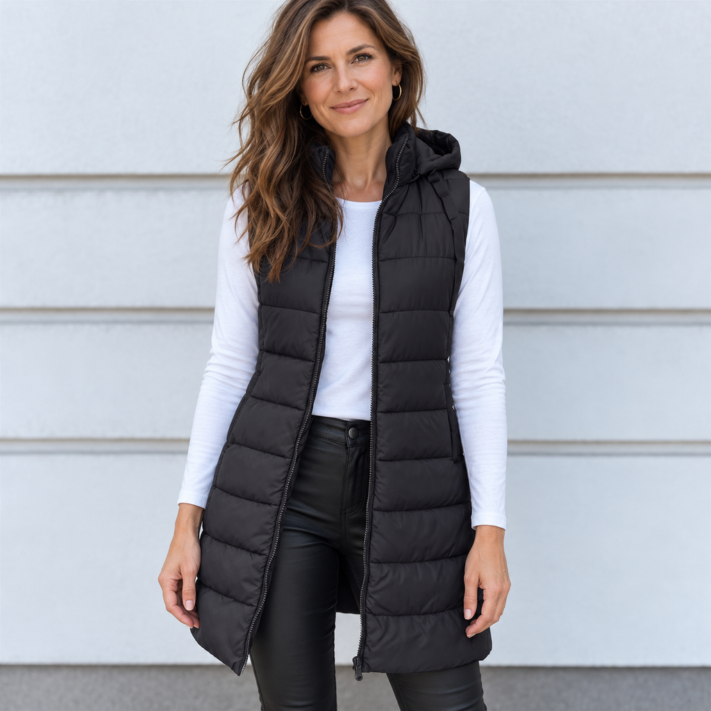 Chaleco largo acolchado para mujer con capucha, elegante y versátil para el frío