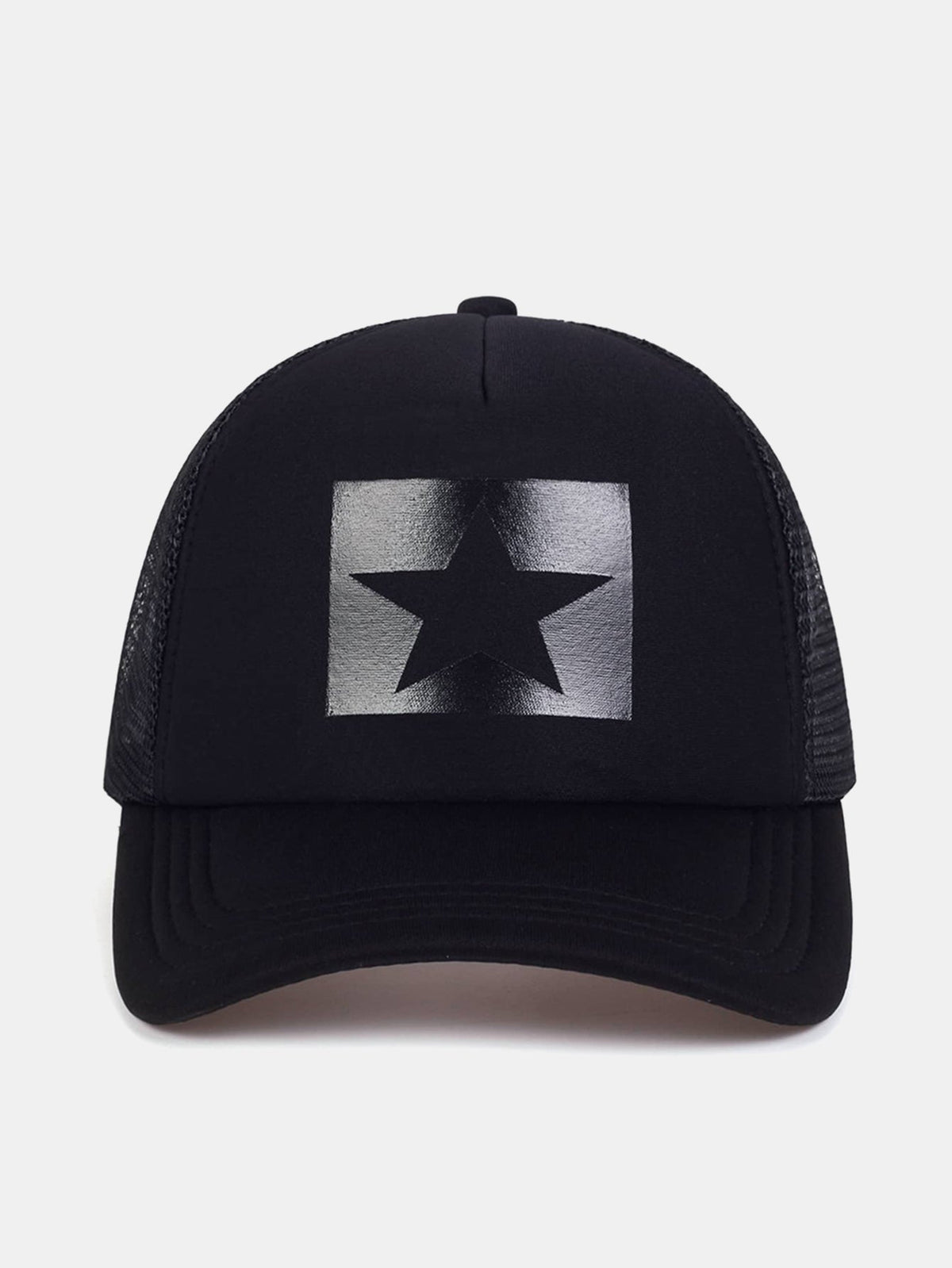 Gorra trucker con estampado de estrella cuadrada, malla trasera transpirable y cierre snapback ajustable, estilo beisbolero casual
