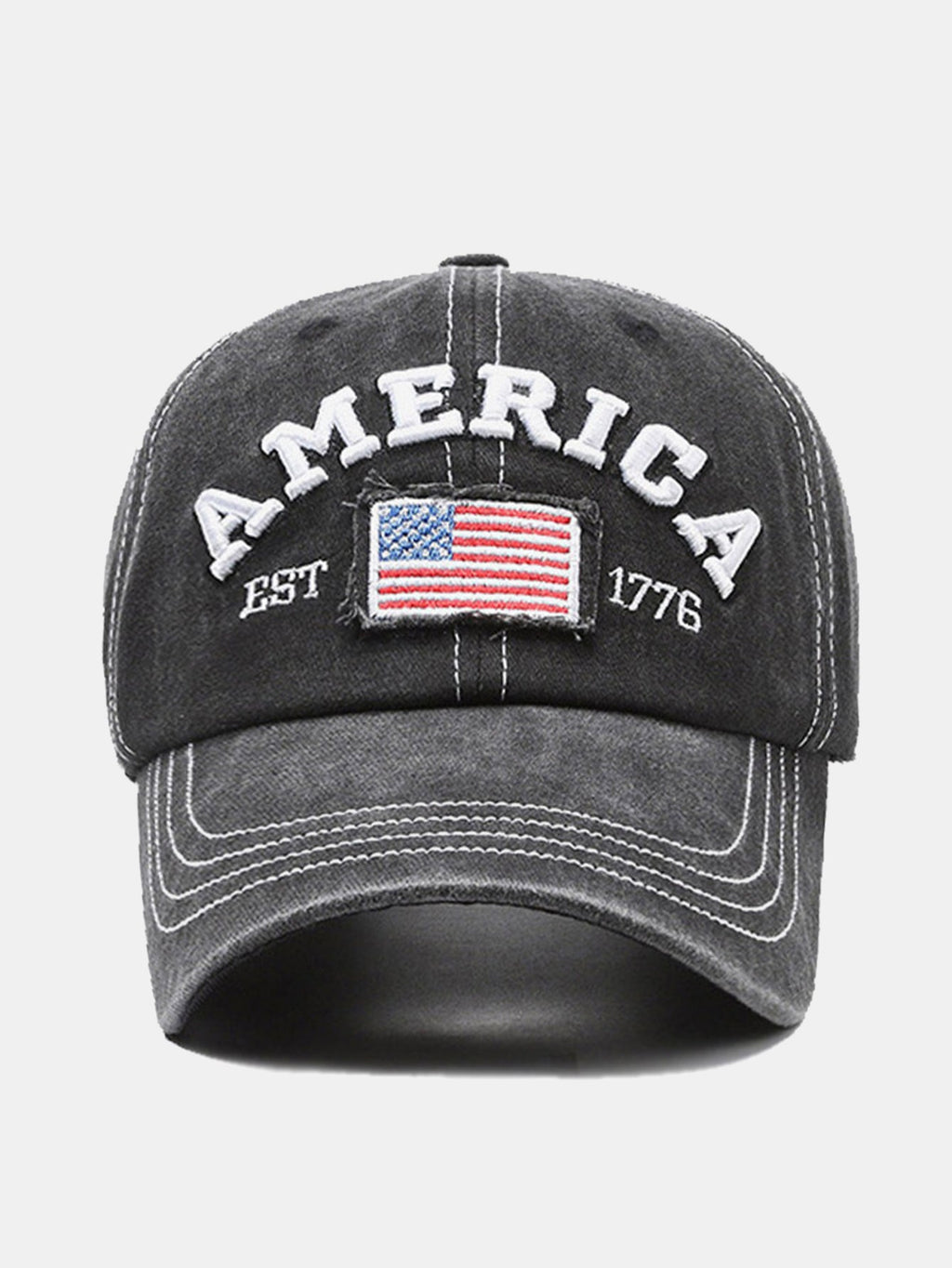 Gorra de béisbol vintage 1776 con efecto desgastado, acabado lavado y bordado de la bandera estadounidense
