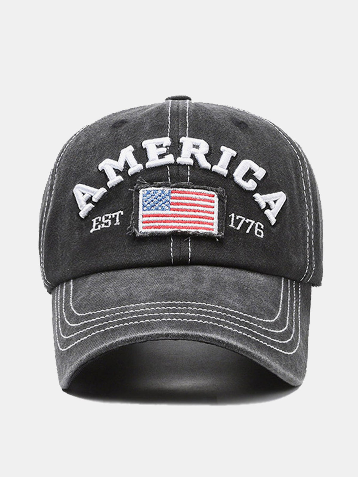 Gorra de béisbol vintage 1776 con efecto desgastado, acabado lavado y bordado de la bandera estadounidense