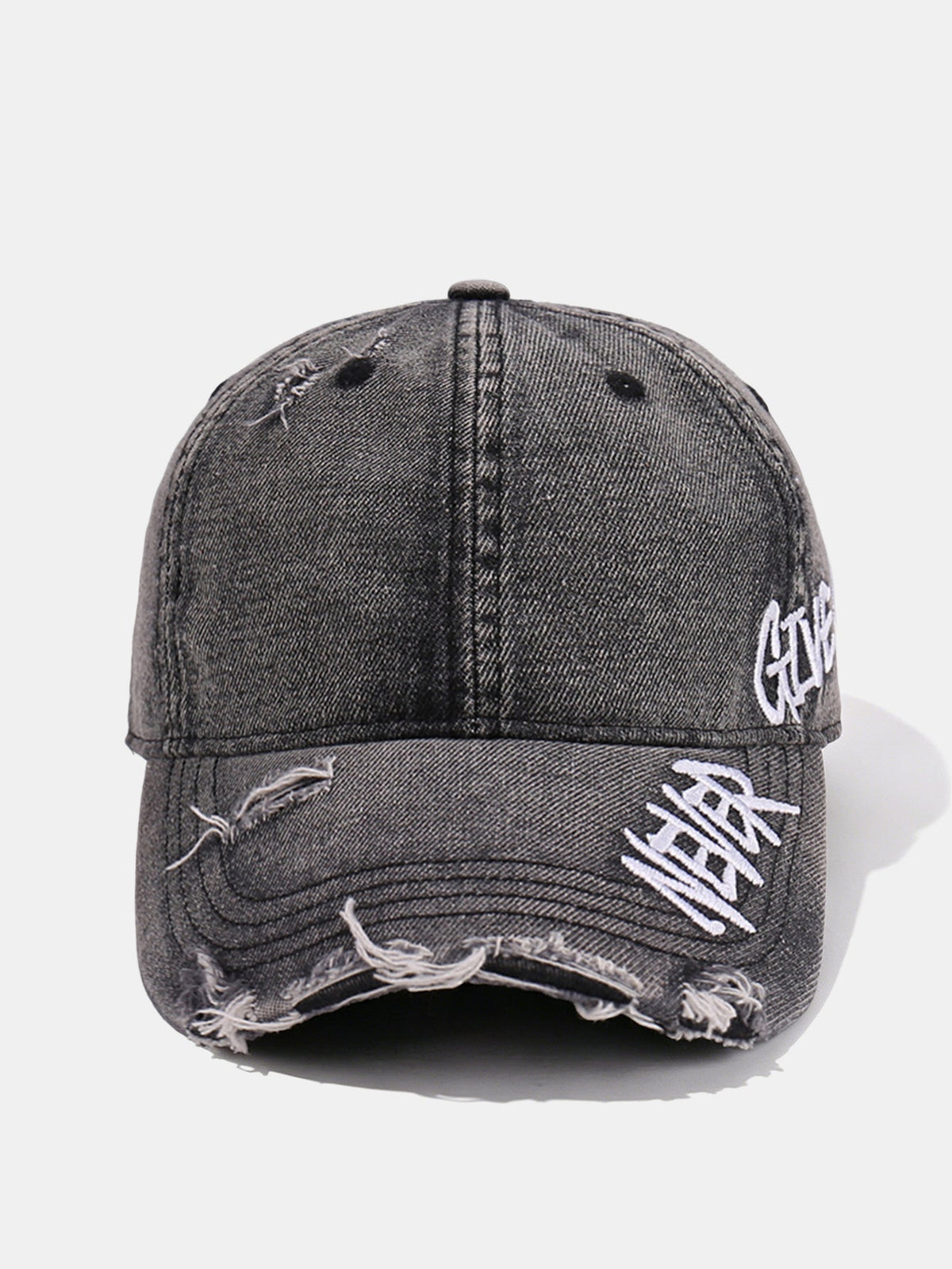 Gorra de mezclilla vintage con visera deshilachada y eslogan bordado «Nunca te rindas»