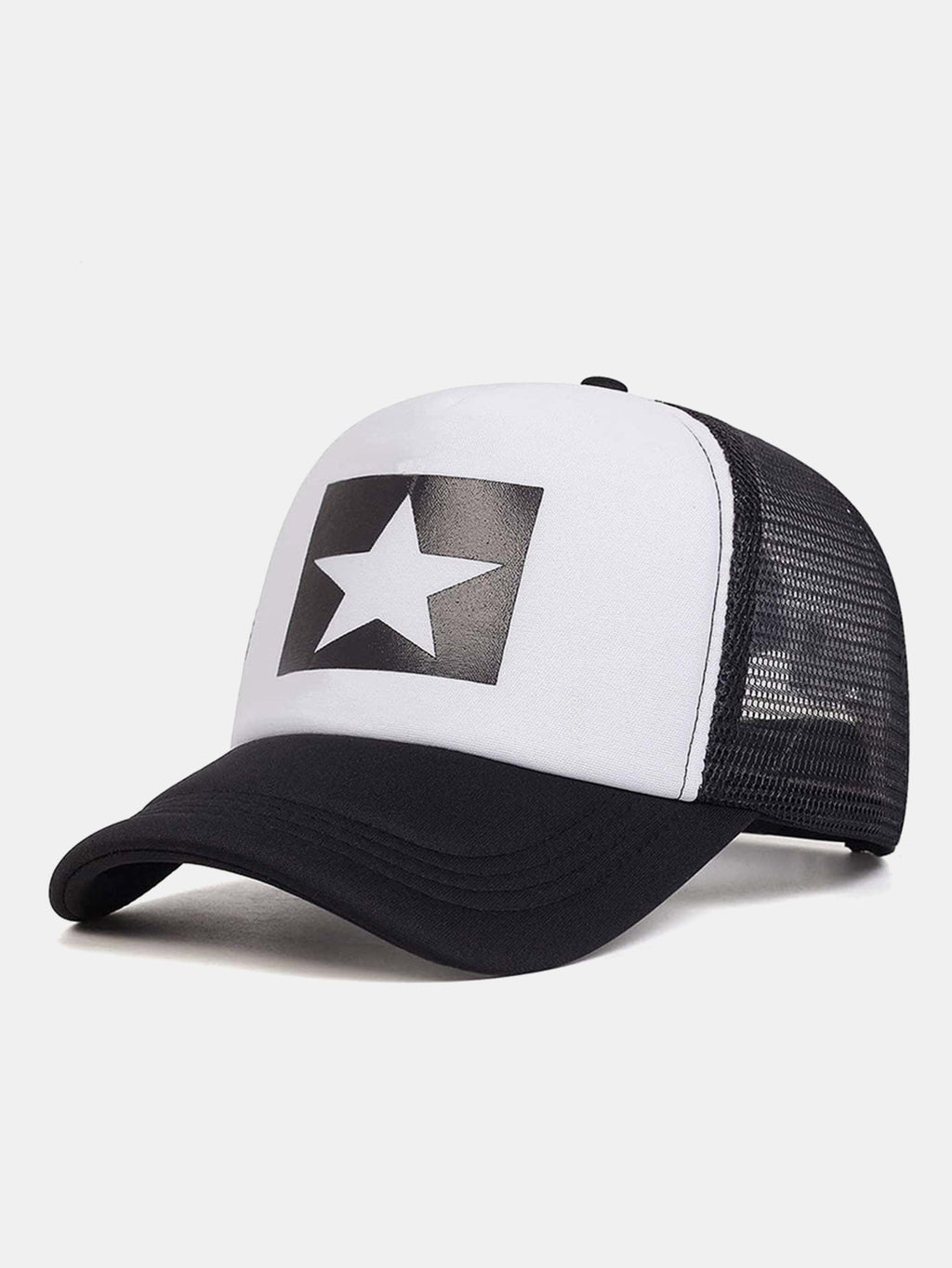 Gorra trucker con estampado de estrella cuadrada, malla trasera transpirable y cierre snapback ajustable, estilo beisbolero casual