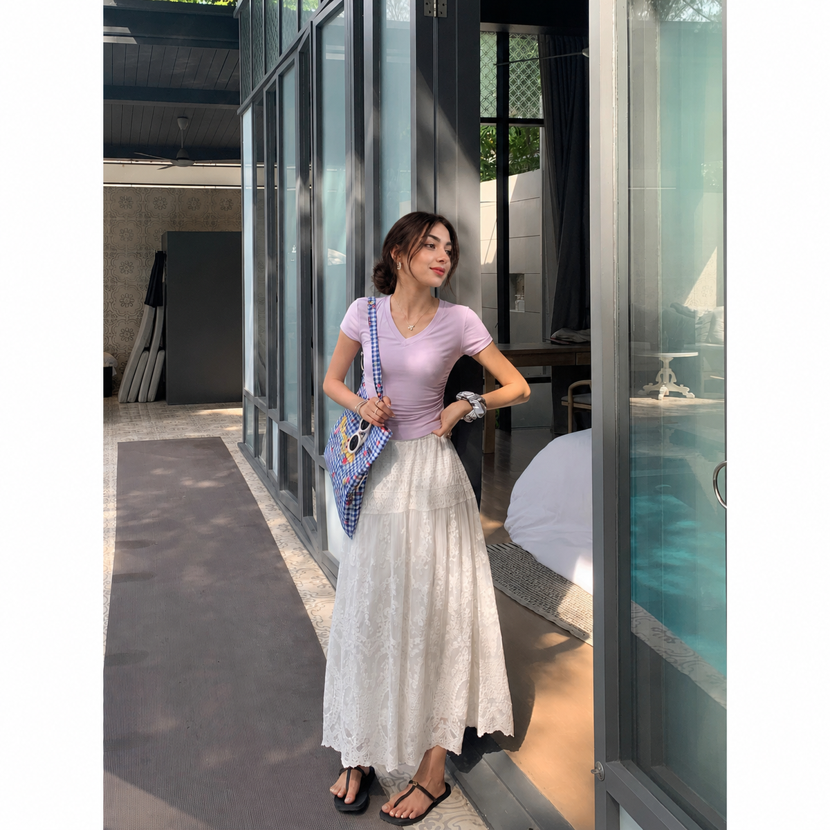 Falda larga elegante de encaje blanco de cintura alta