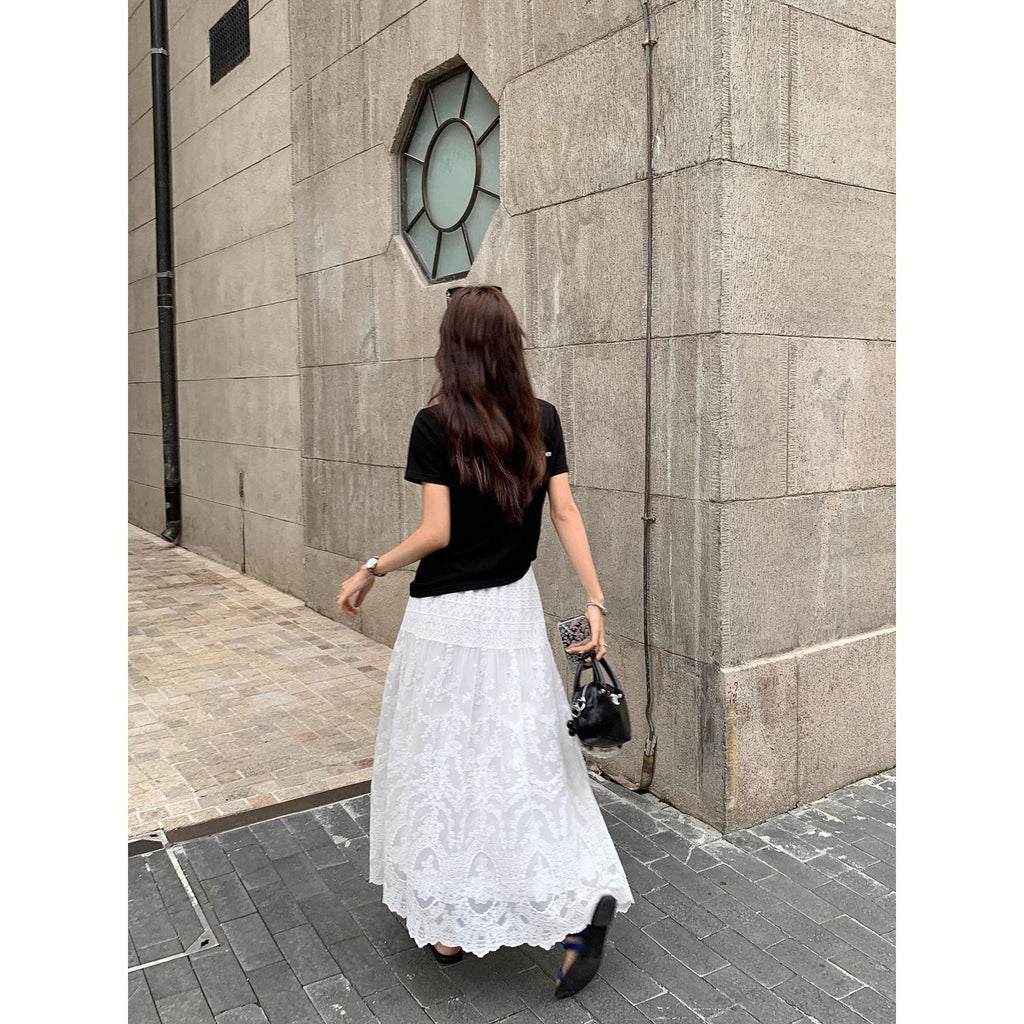 Falda larga elegante de encaje blanco de cintura alta
