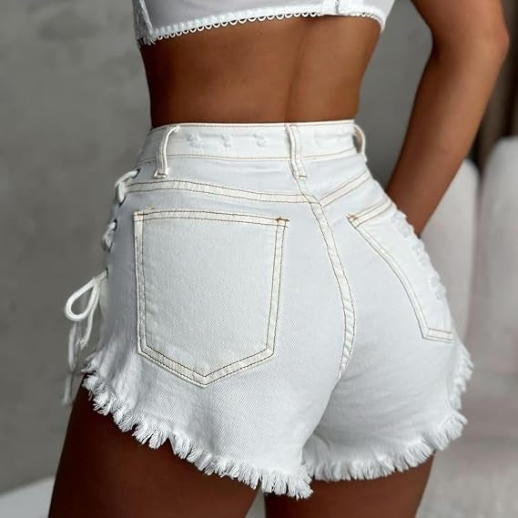Shorts vaqueros blancos para mujer  de cordones