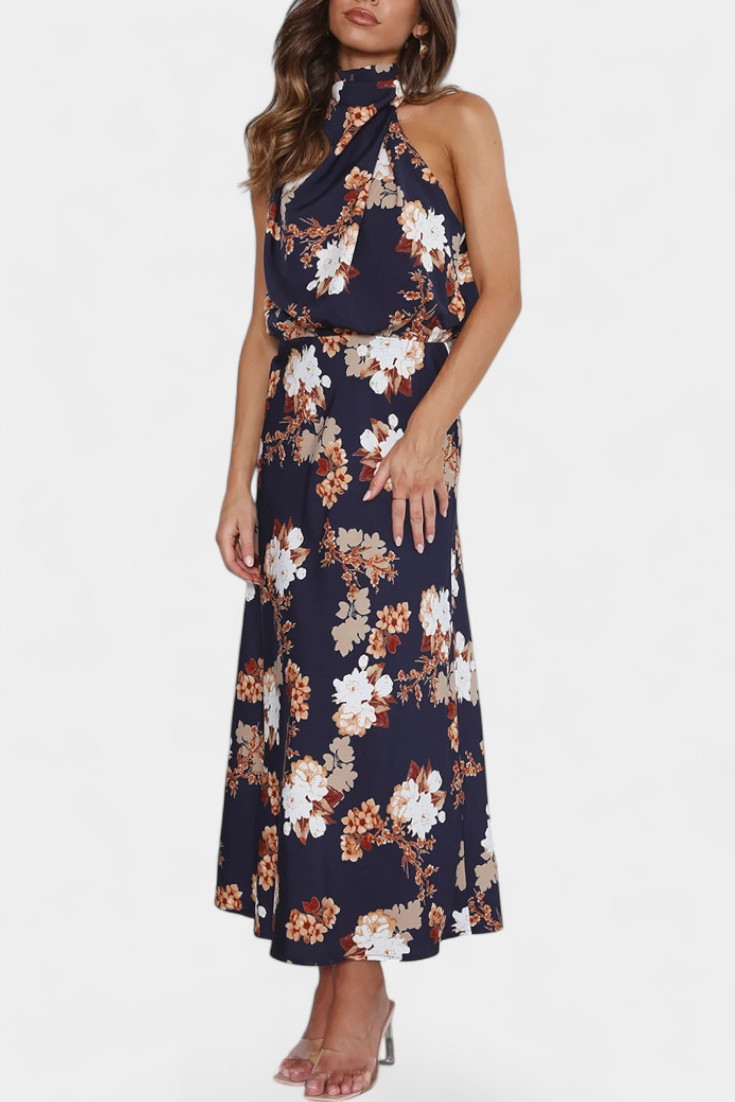 Lisa | Elegante vestido largo de cuello halter con estampado floral