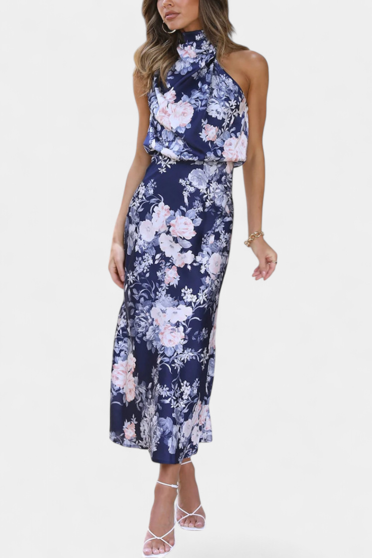 Lisa | Elegante vestido largo de cuello halter con estampado floral