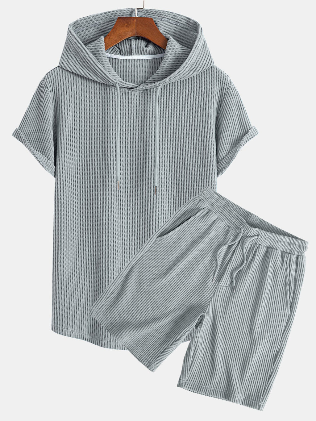 Conjunto de camiseta con capucha de tejido gofrado y bajo curvado, con pantalones cortos a juego y cordón ajustable