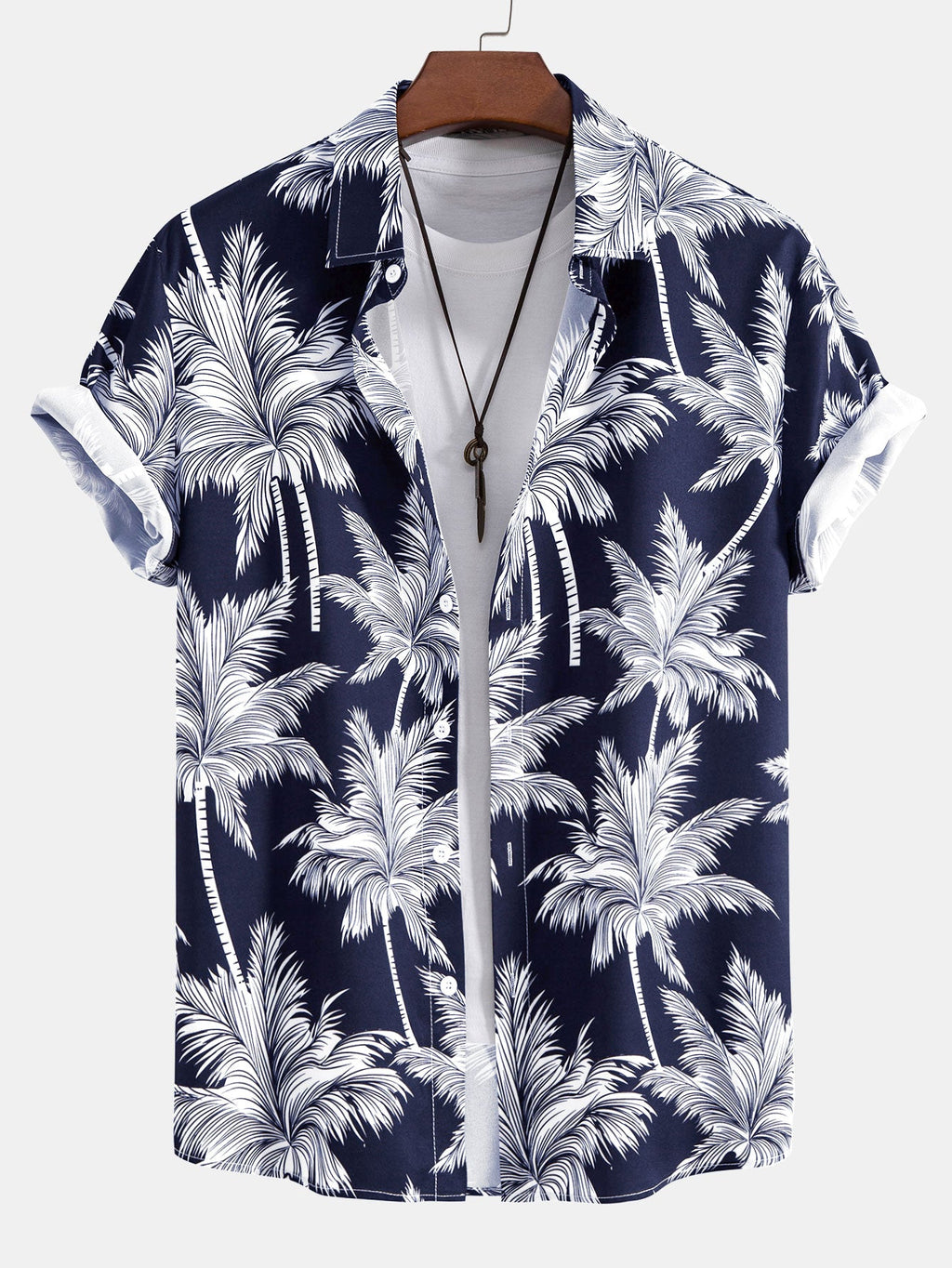 Conjunto de camisa abotonada con estampado de palmeras y pantalón corto de baño