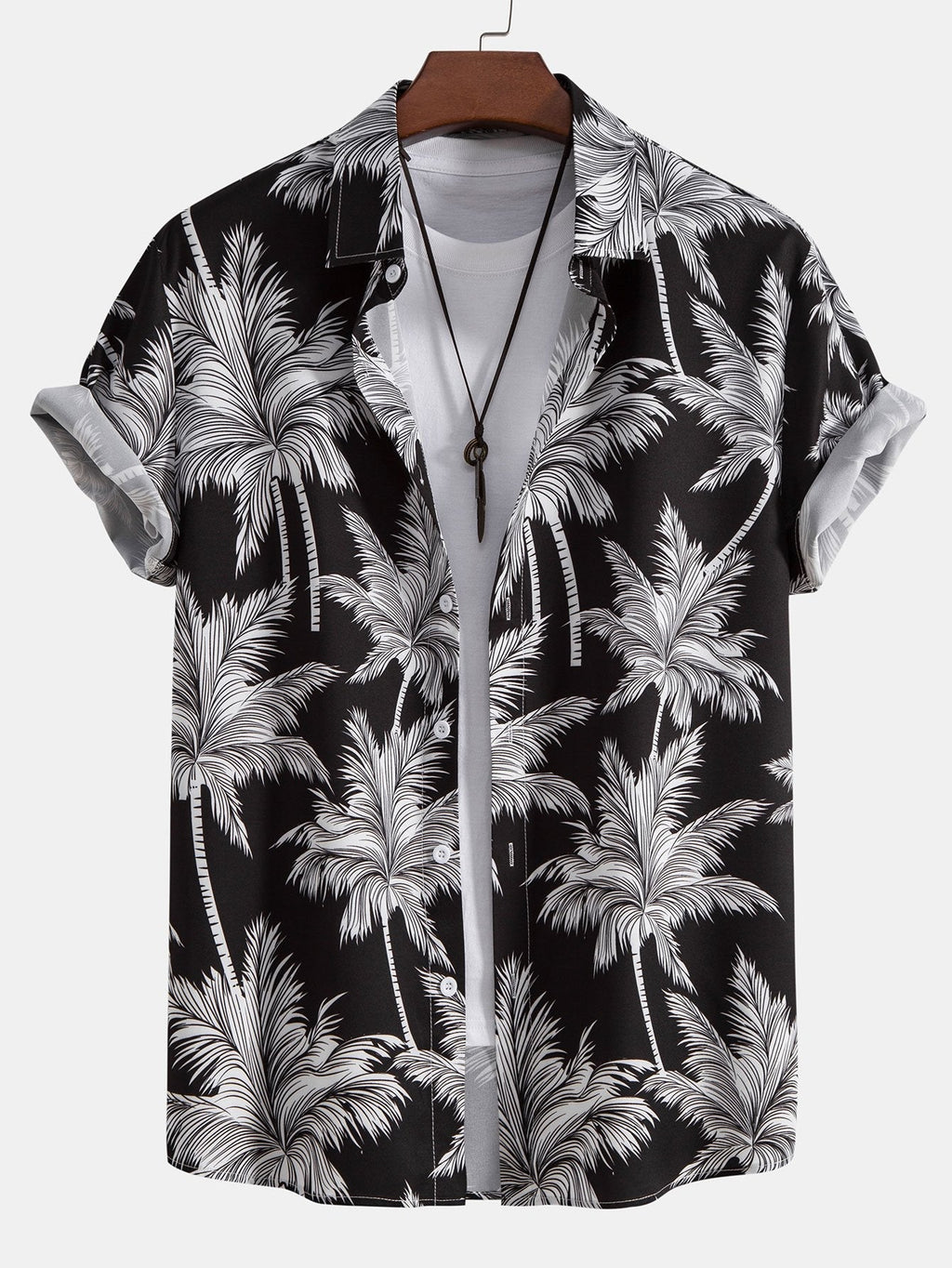 Conjunto de camisa abotonada con estampado de palmeras y pantalón corto de baño