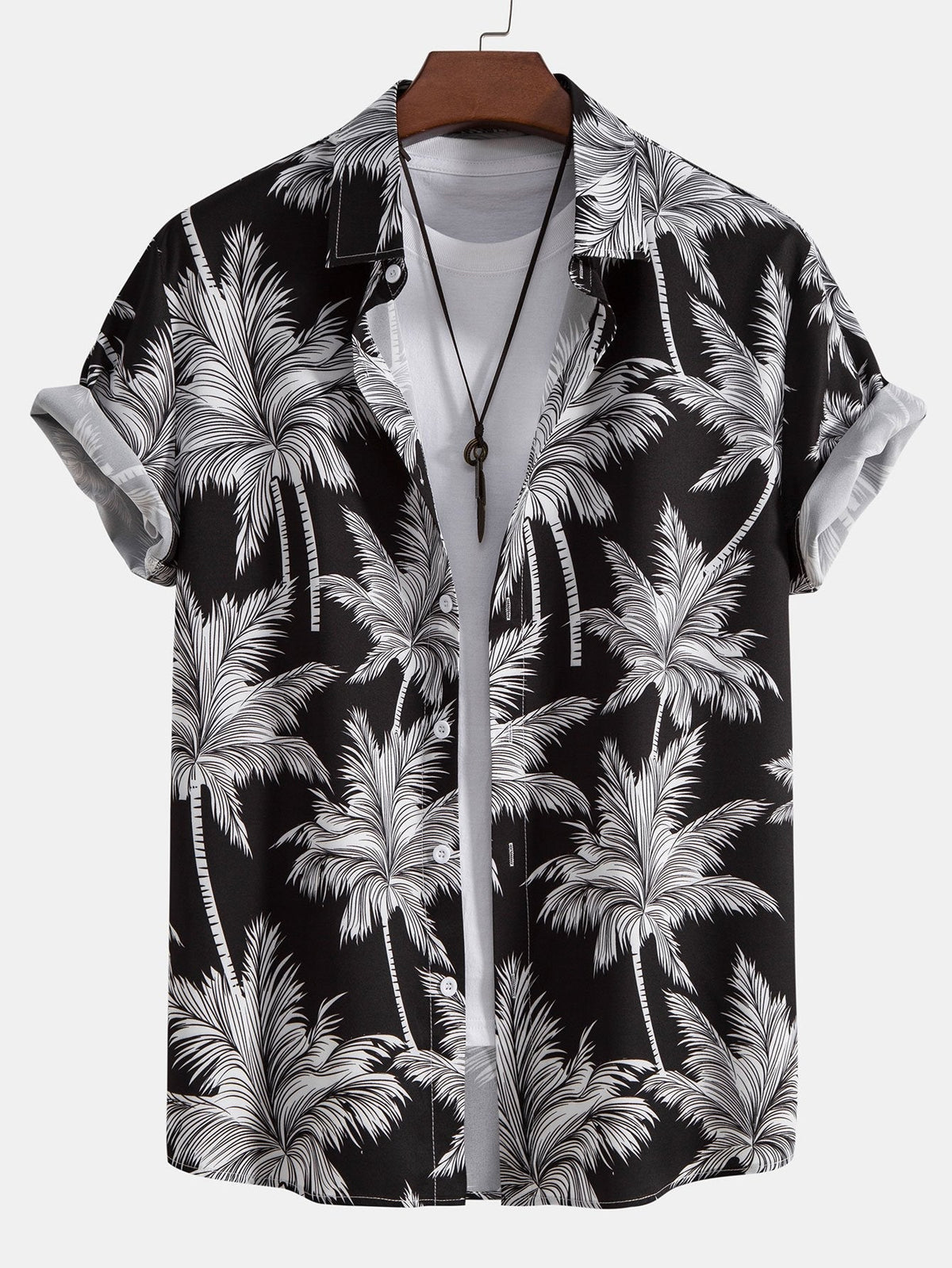 Conjunto de camisa abotonada con estampado de palmeras y pantalón corto de baño