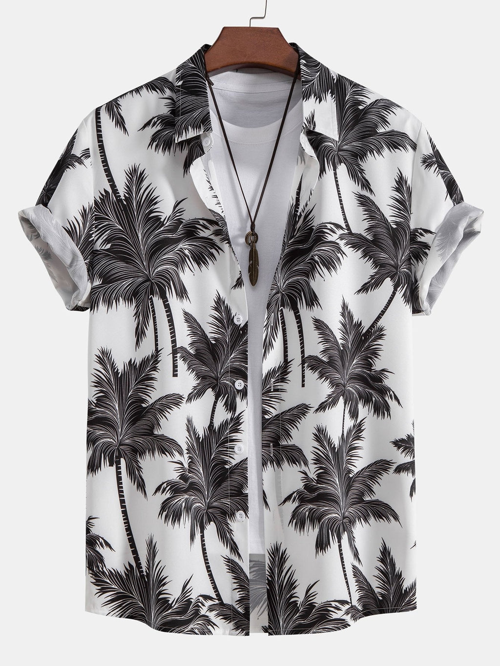 Conjunto de camisa abotonada con estampado de palmeras y pantalón corto de baño