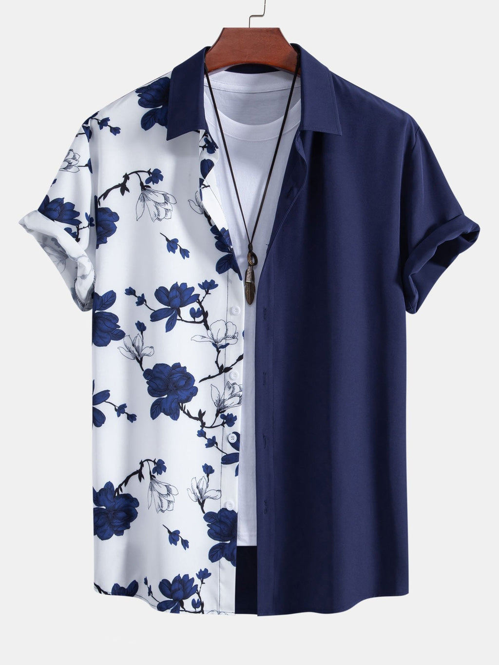 Conjunto elegante de camisa abotonada con estampado floral de patchwork y pantalones cortos de baño