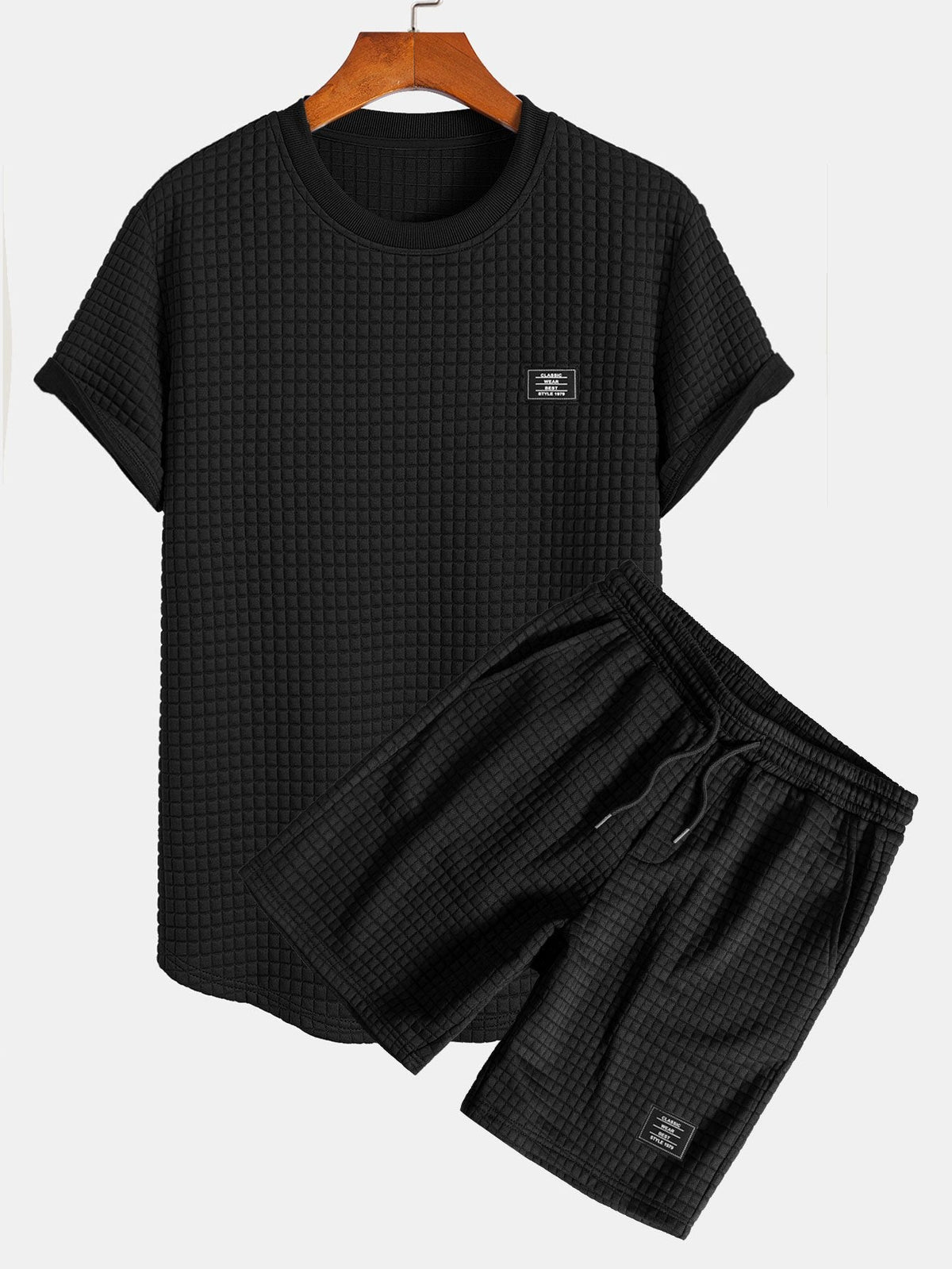 Conjunto de camiseta de manga corta de tejido waffle con dobladillo curvado y pantalones cortos