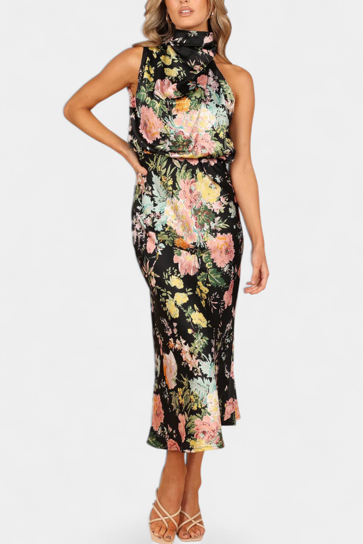 Lisa | Elegante vestido largo de cuello halter con estampado floral
